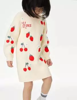 Трикотажное платье из хлопковой смеси с фруктовым узором Marks & Spencer, экрю