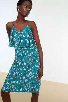 Трикотажное платье из специальной ткани с разноцветным плиссированным узором Trendyol, бирюзовый