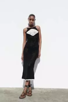 Трикотажное платье крючком ZARA, черно-белый