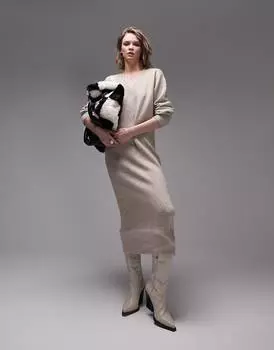 Трикотажное платье макси с v-образным вырезом Topshop нейтрального цвета