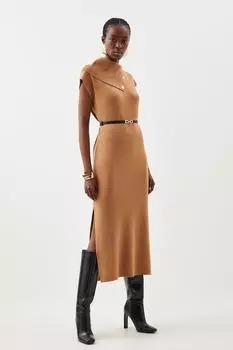 Трикотажное платье мидакси из смесовой шерсти с поясом Karen Millen, бежевый