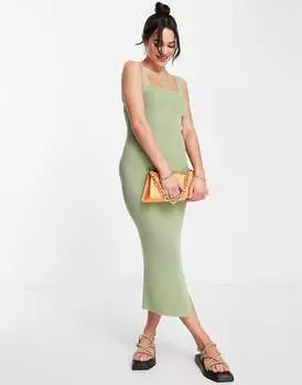 Трикотажное платье миди цвета хаки с квадратным вырезом ASOS DESIGN
