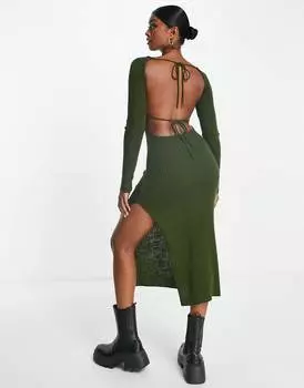 Трикотажное платье миди цвета хаки с завязками на спине ASOS DESIGN