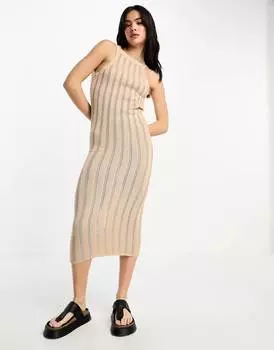 Трикотажное платье миди крупной вязки с глубоким вырезом на спине ASOS DESIGN из камня