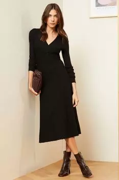 Трикотажное платье миди с длинными рукавами и декоративной закруткой Love & Roses, черный