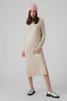 Трикотажное платье миди с круглым вырезом и разрезом сбоку Vero Moda, бежевый
