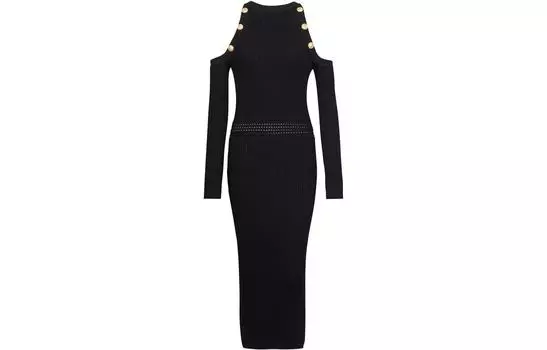 Трикотажное платье миди с открытыми плечами BALMAIN, черный