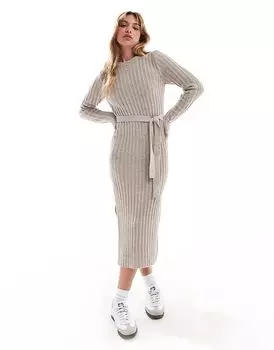 Трикотажное платье миди с разрезом бежевого цвета Brave Soul