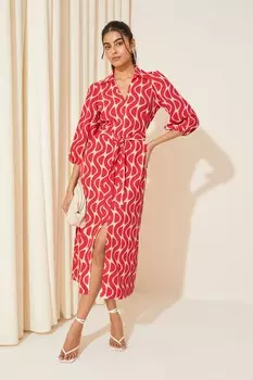 Трикотажное платье миди с V-образным вырезом и поясом Friends Like These, красный