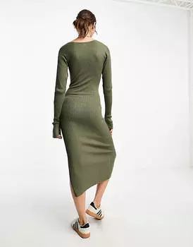 Трикотажное платье миди с v-образным вырезом и рубчиком цвета хаки ASOS DESIGN