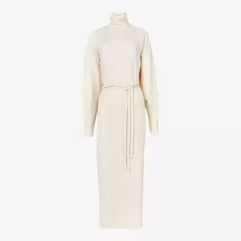 Трикотажное платье миди с высоким воротником и поясом Leem, белый