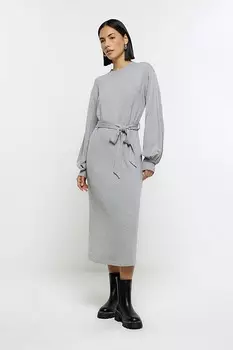 Трикотажное платье миди с завязками на талии и объемными рукавами River Island, серый