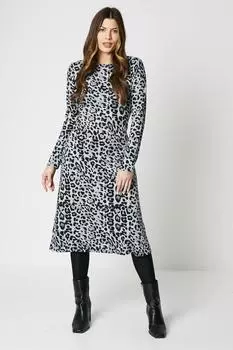 Трикотажное платье миди с животным принтом и поясом Wallis, серый