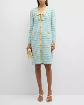 Трикотажное платье миди в полоску на пуговицах Misook, цвет Caribbean Mist/Pale Gold/Verdant Clover