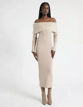 Трикотажное платье-миди в стиле бардо с пуховой отделкой из норки River Island