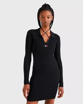 Трикотажное платье с длинным рукавом и V-образным вырезом Tommy Jeans, черный