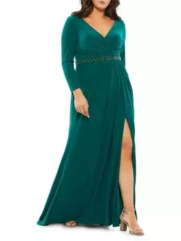 Трикотажное платье с длинными рукавами и разрезом Mac Duggal, изумруд
