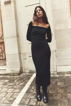 Трикотажное платье с квадратным вырезом ZARA, черный