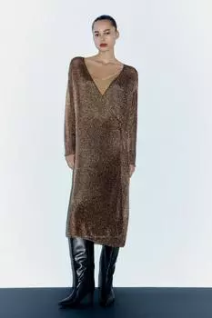 Трикотажное платье с металлической сеткой ZARA, золото