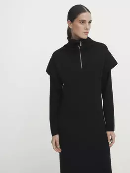 Трикотажное платье с молнией на шее и детали плеч Massimo Dutti, черный