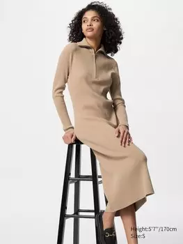 Трикотажное платье с молнией Uniqlo, цвет 32 бежевый