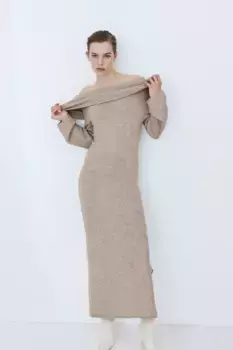 Трикотажное платье с открытыми плечами H&M, бежевый