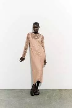 Трикотажное платье с пайетками, ограниченная серия ZARA, пыльно-розовый
