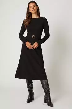 Трикотажное платье с поясом и разрезом на пуговицах Wallis, черный