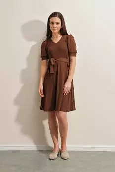 Трикотажное Платье С Поясом - Коричневый Bigdart