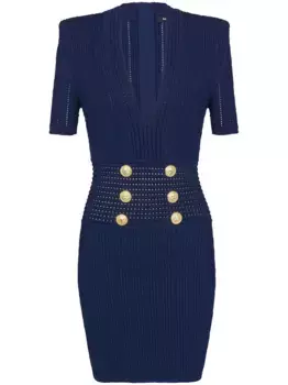 Трикотажное платье с V-образным вырезом BALMAIN, синий
