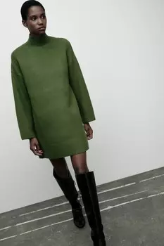 Трикотажное платье с высоким воротом ZARA, зеленый