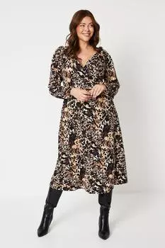 Трикотажное платье с запахом и длинными рукавами Curve с животным принтом Wallis, бежевый