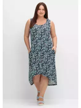 Трикотажное платье Sheego "Большие размеры" с принтом в виде листьев и карманами, синий