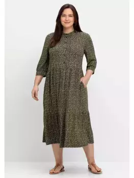Трикотажное платье Sheego больших размеров с принтом "мильфлер" и многоярусным воланом, оливковый