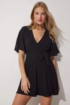 Трикотажное платье-шорты с V-образным вырезом Happiness stanbul, черный