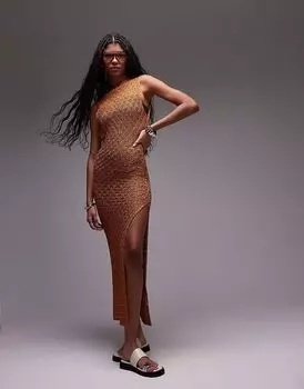 Трикотажное платье Topshop без рукавов с открытой спиной и пайетками цвета ржавчины