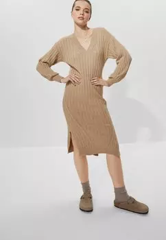 Трикотажное платье V-образный вырез Next, цвет camel brown