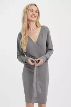 Трикотажное платье Vero Moda V-образным вырезом и поясом VERO MODA, серый