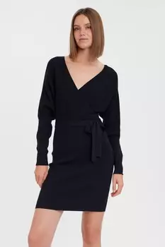 Трикотажное платье Vero Moda V-образным вырезом и поясом VERO MODA, черный