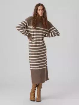 Трикотажное платье Vero Moda "VMPLAZA LS O-NECK CALF DRESS GA BOO", цвет Brown Lentil Stripes:W. Birch