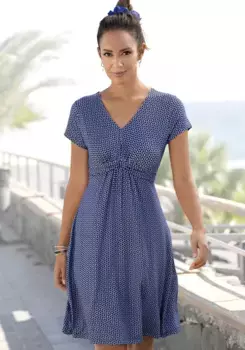 Трикотажное платье Vivance с геометрическим принтом, подчеркивающее фигуру платье-футболка, летнее платье, синий