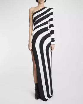 Трикотажное платье в полоску на одно плечо с разрезом Balmain, цвет Blk White