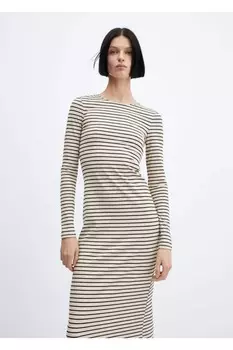 Трикотажное платье в полоску в рубчик Mango, бежевый