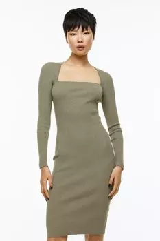 Трикотажное платье в рубчик H&M, хаки зеленый
