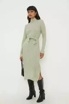 Трикотажное платье в рубчик с поясом Dorothy Perkins, зеленый