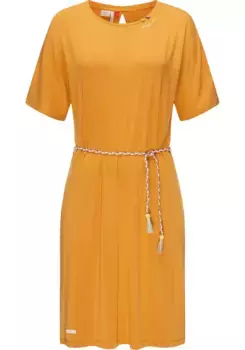 Трикотажное платье в стиле рэгвир "Касс", стильное платье-рубашка с плетеным поясом Ragwear, желтый