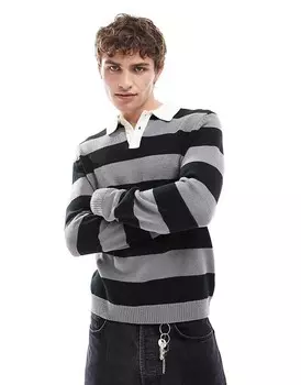 Трикотажное поло для регби в черно-серую полоску ASOS DESIGN