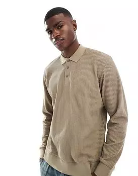 Трикотажное поло с длинными рукавами бежевого цвета с текстурой Jack & Jones