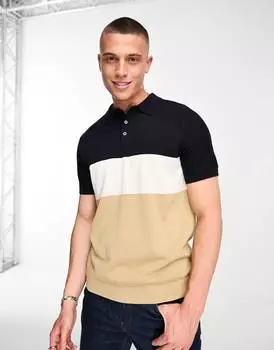 Трикотажное поло Selected Homme из смесового хлопка в сине-бежевую полоску