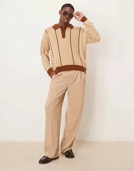 Трикотажное поло свободного кроя бежевого цвета с коричневыми полосками ASOS DESIGN